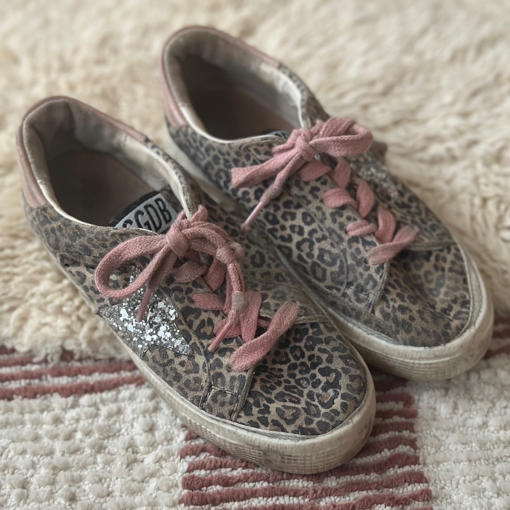 Golden Goose Kids Leopard Print Sneakers with Pink Laces and Silver Star